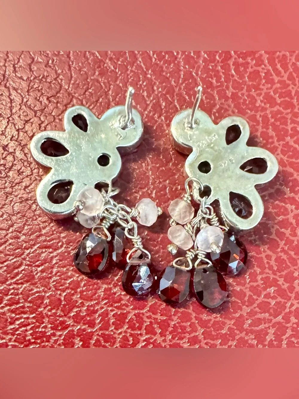 Vtg SAJEN Sterling Silver Pink Tourmaline Garnet Cluster Drop Earrings